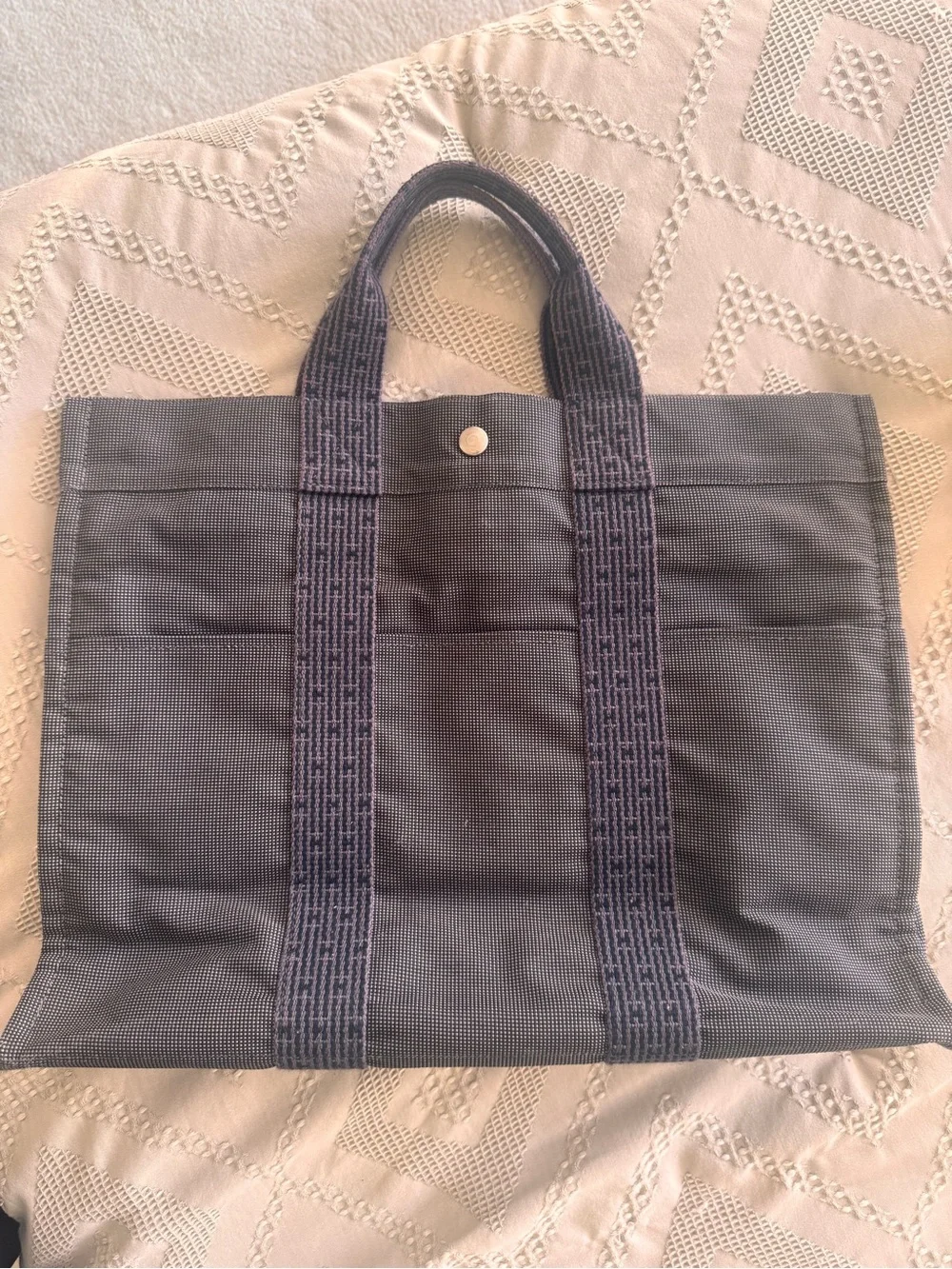 Vintage Hermes Grey Canvas Laptop Tote with Dark Grey Straps